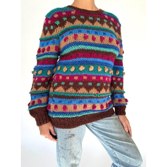 90s vintage multicolor striped polka dot pom poms textured chunky knit sweater - Picture 7 of 9